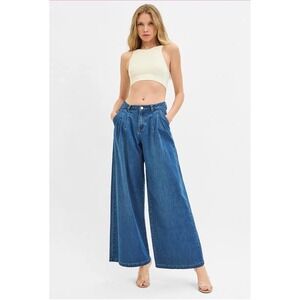 Risen Jeans NWT Medium Wash Pleated High Rise Wide Leg Trouser Denim 0 24